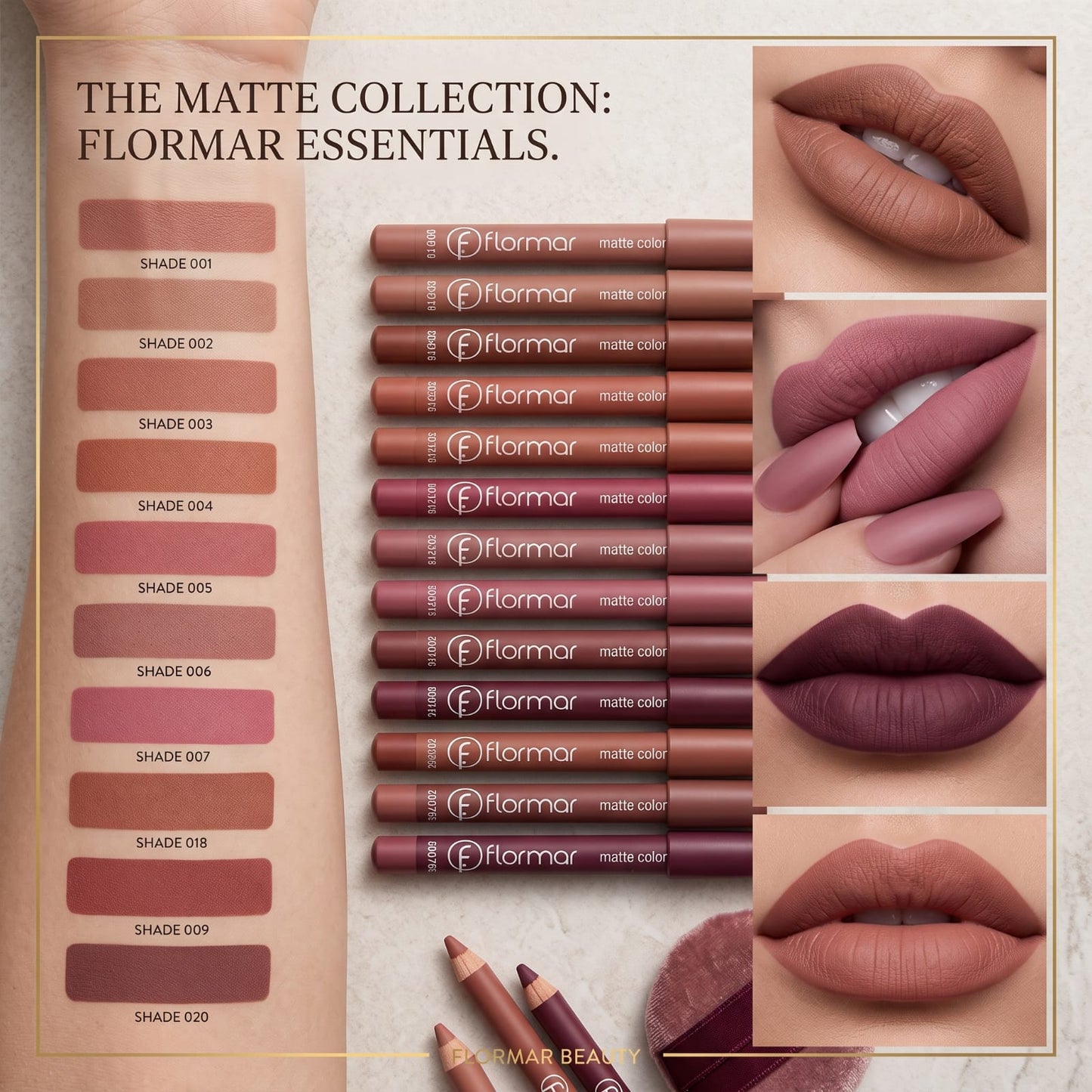Flormar Matte Collection shades 001-020 with swatches
