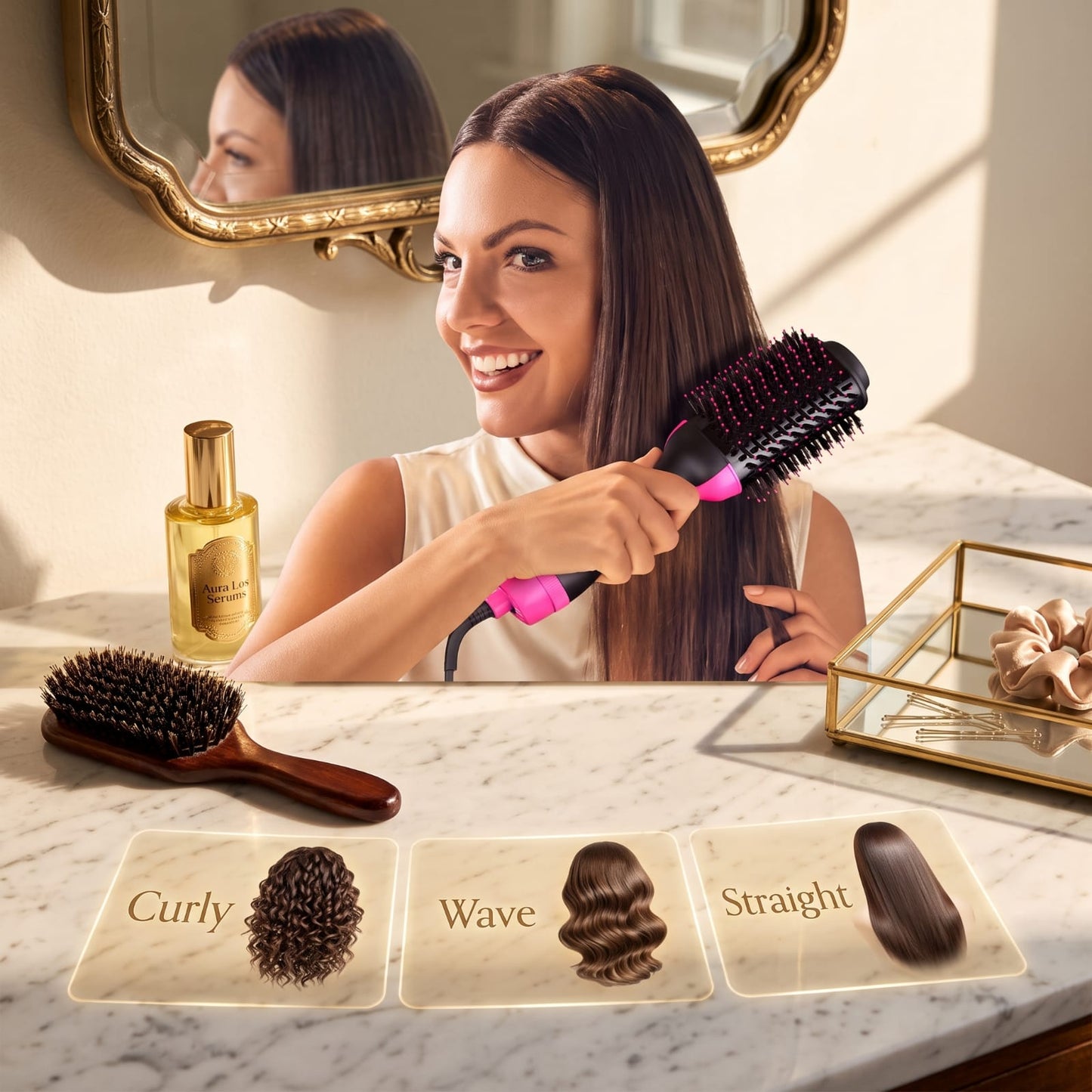 Woman using electric hair dryer brush at vanity showing curly wave straight styles