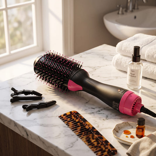 Electric Hair Dryer Brush on bathroom counter with heat defense spray and accessories