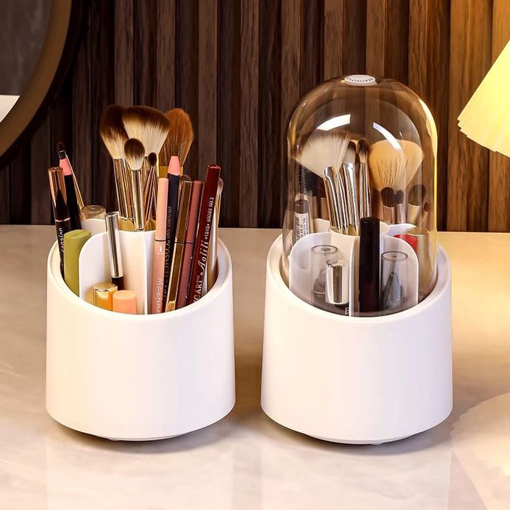 360° Dustproof Makeup Organizer with Transparent Cover – Cosmetic & Brush Storage Box