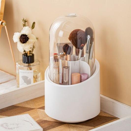 360° Dustproof Makeup Organizer with Transparent Cover – Cosmetic & Brush Storage Box