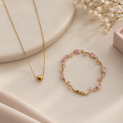 Stainless Steel Heart Necklace & Pink Tulip Bracelet Set for Women