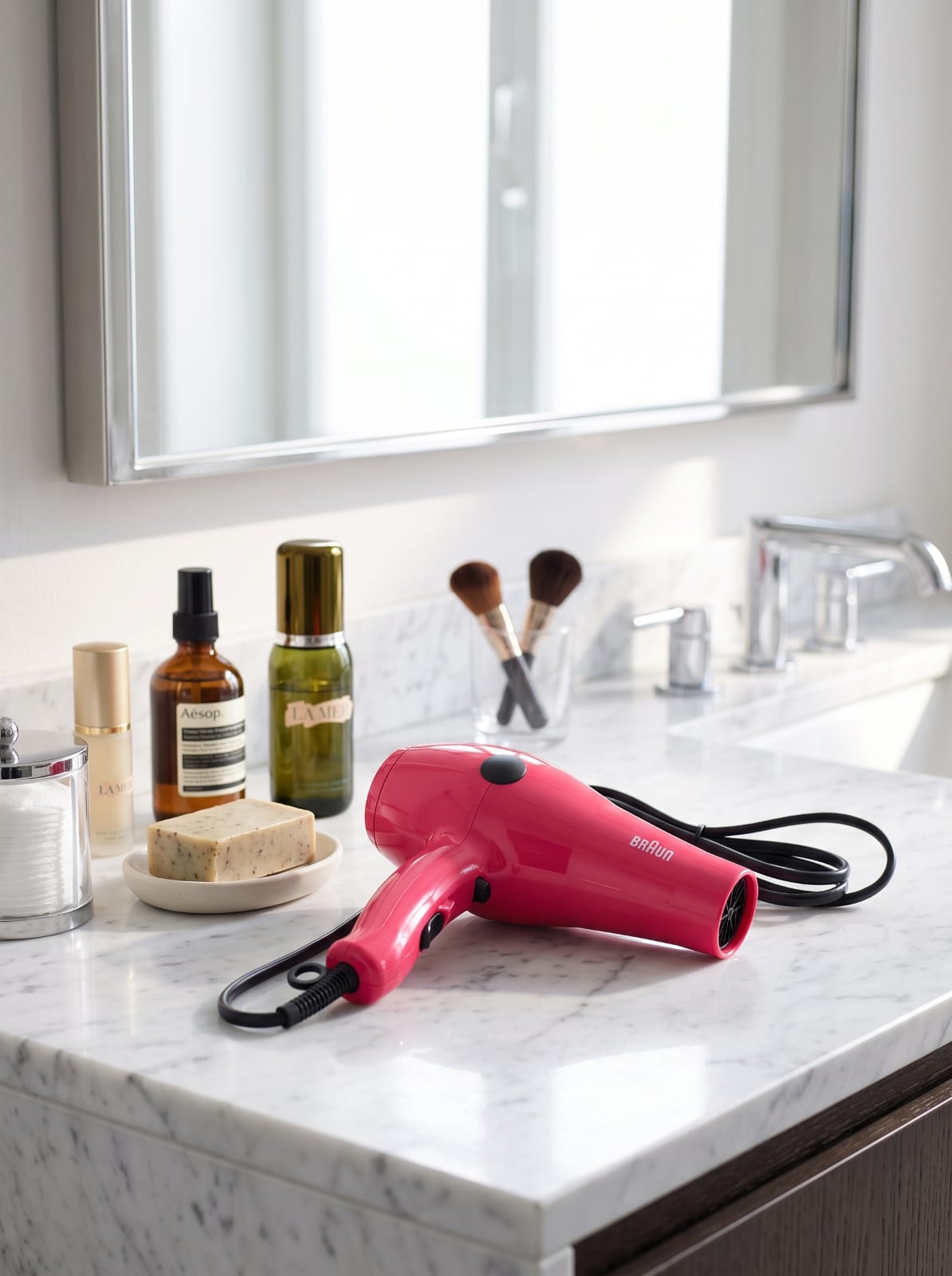 Braun Hair Dryer on bathroom counter