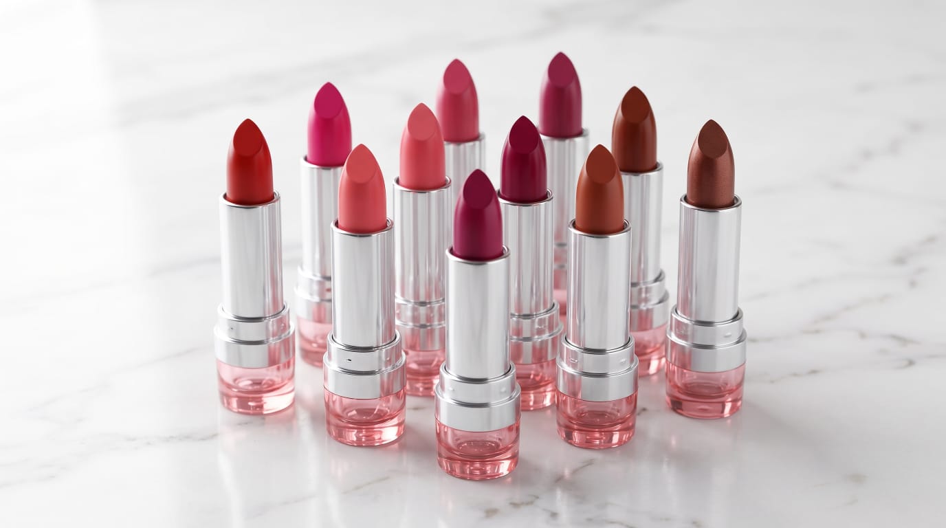 Creamy lipstick collection in 10+ shades on marble surface
