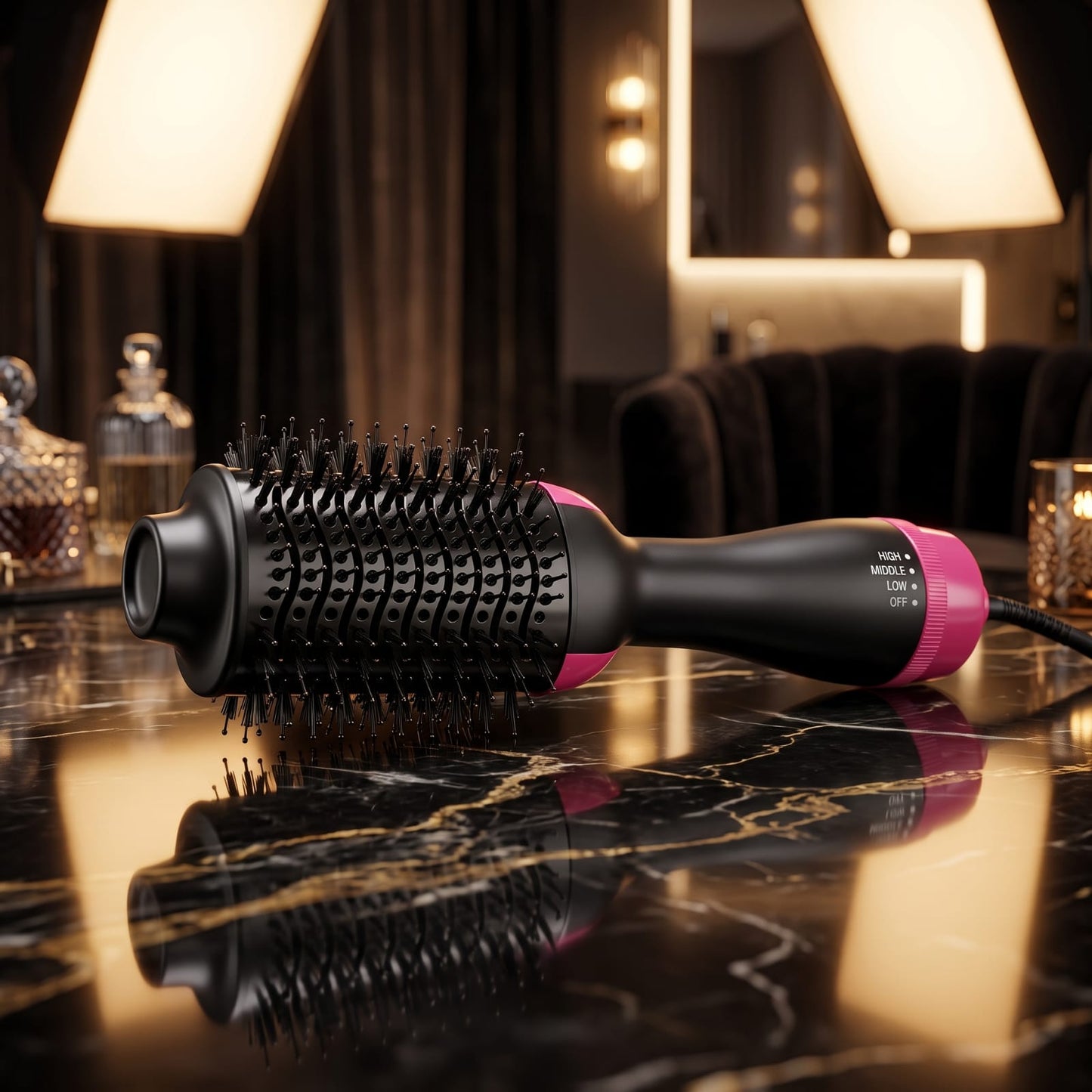 Electric Hair Dryer Brush on marble surface showing HIGH MIDDLE LOW OFF settings