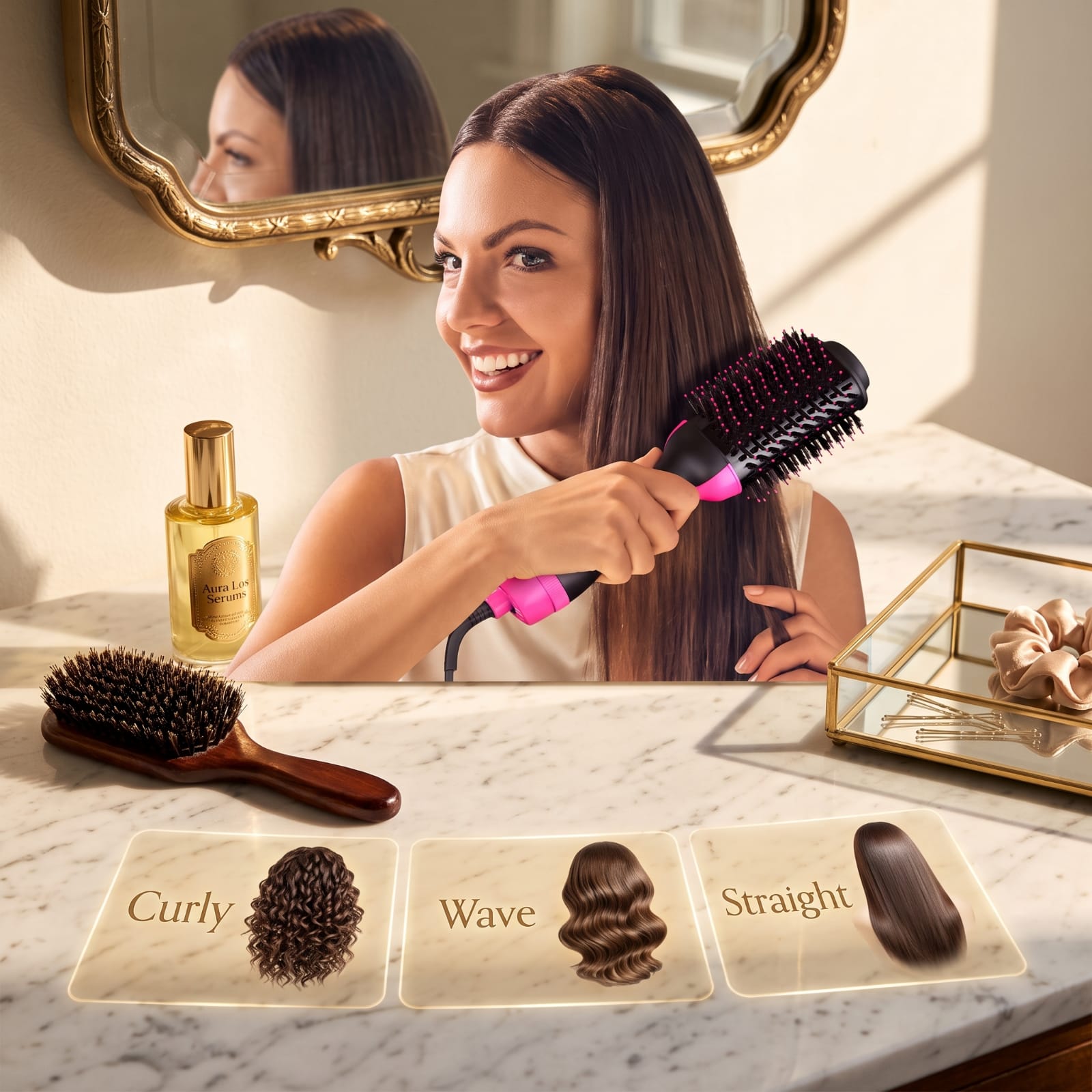 Woman using electric hair dryer brush at vanity showing curly wave straight styles