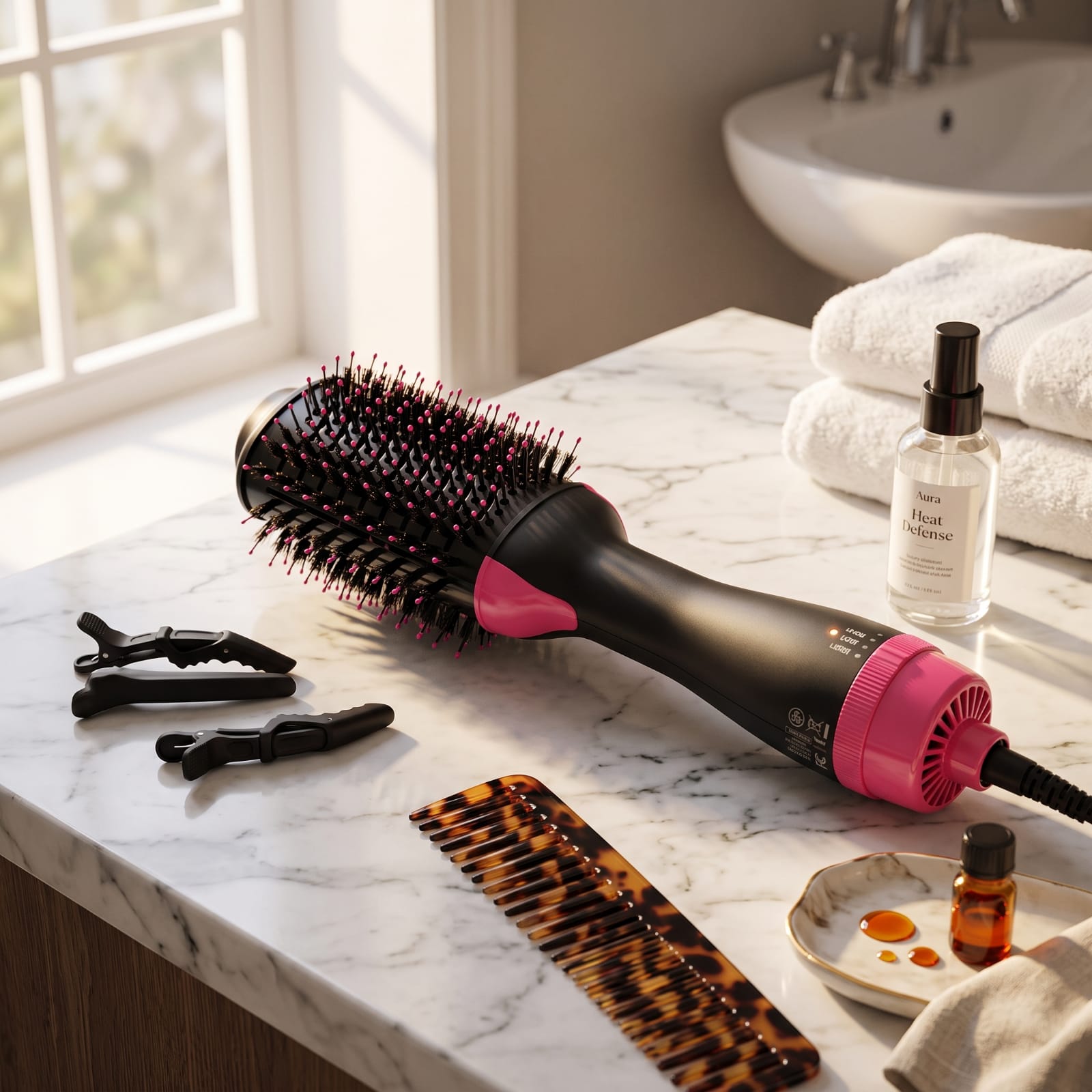 Electric Hair Dryer Brush on bathroom counter with heat defense spray and accessories