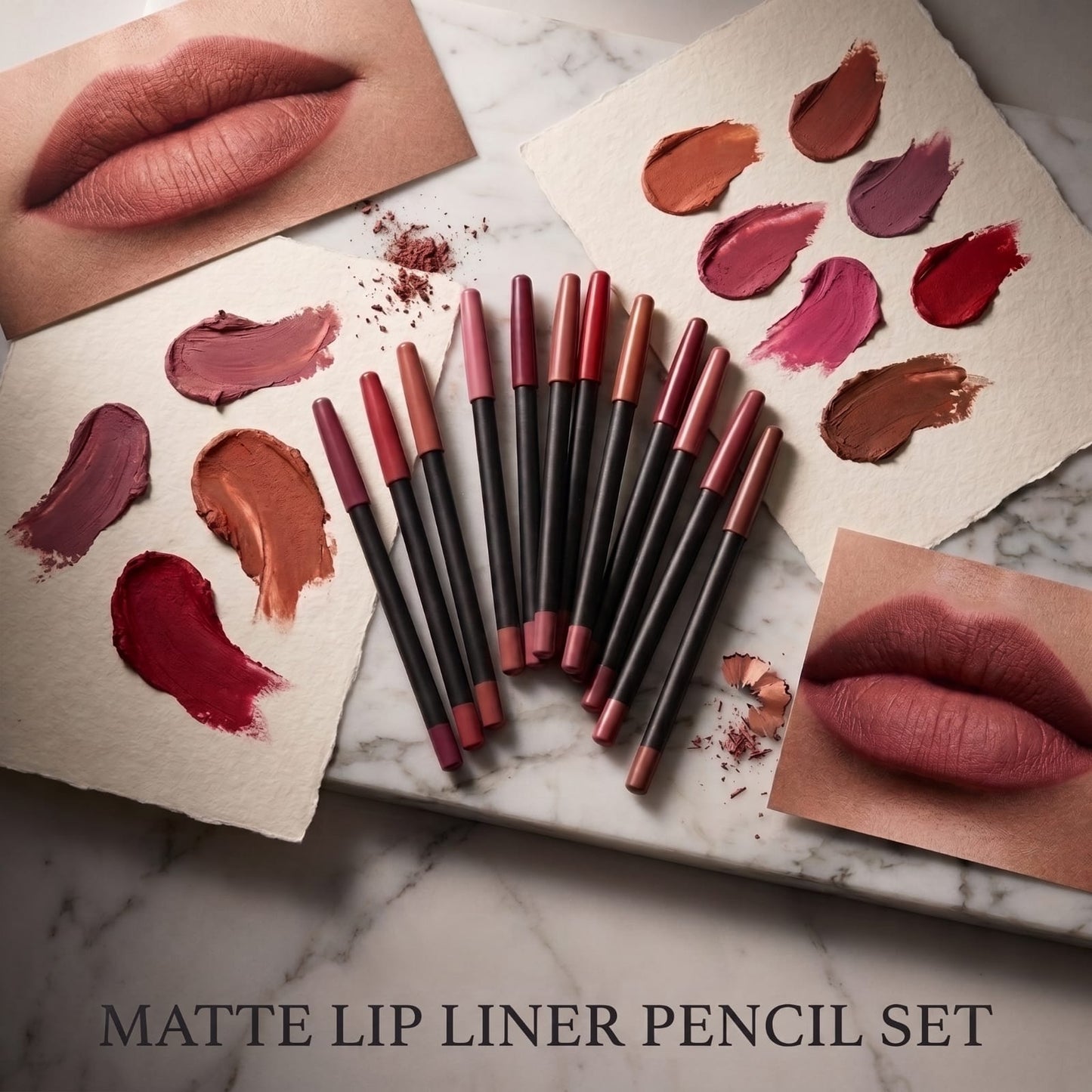 Matte Lip Liner Pencil Set multiple shades with swatches