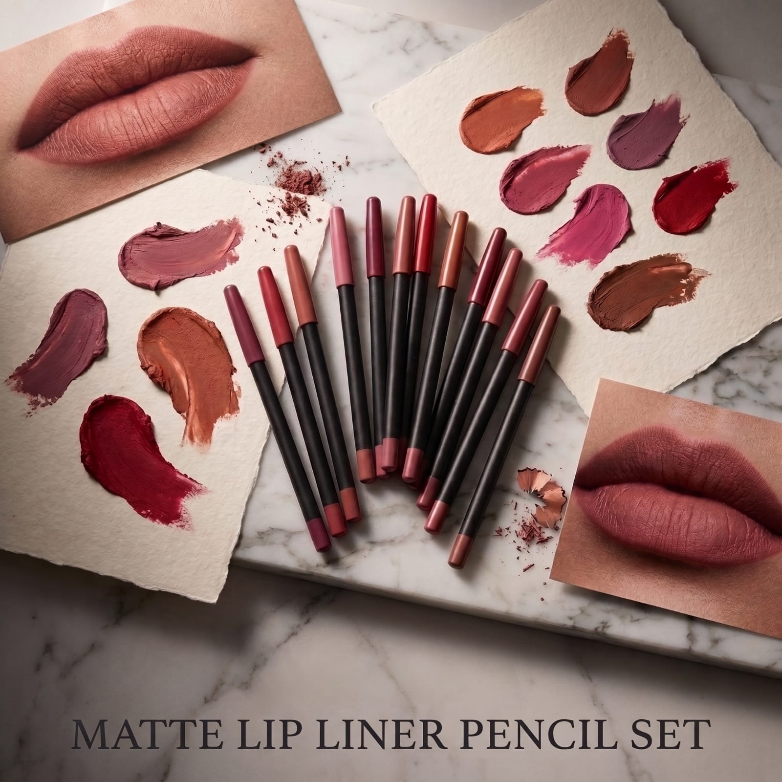 Matte Lip Liner Pencil Set multiple shades with swatches